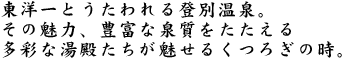 東洋一とたわれる登別温泉。その魅力、豊富な泉質をたたえる多彩な湯殿たちが魅せるくつろぎの時。