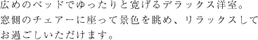 広めのベッドでゆったりと寛げるデラックス洋室。窓側のチェアーに座って景色を眺め、リラックスしてお過ごしいただけます。