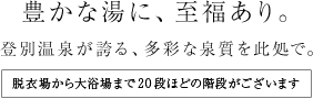 豊かな湯に、至福あり。登別温泉が誇る、多彩な泉質を此処で。脱衣場から大浴場まで20段ほどの階段がございます。